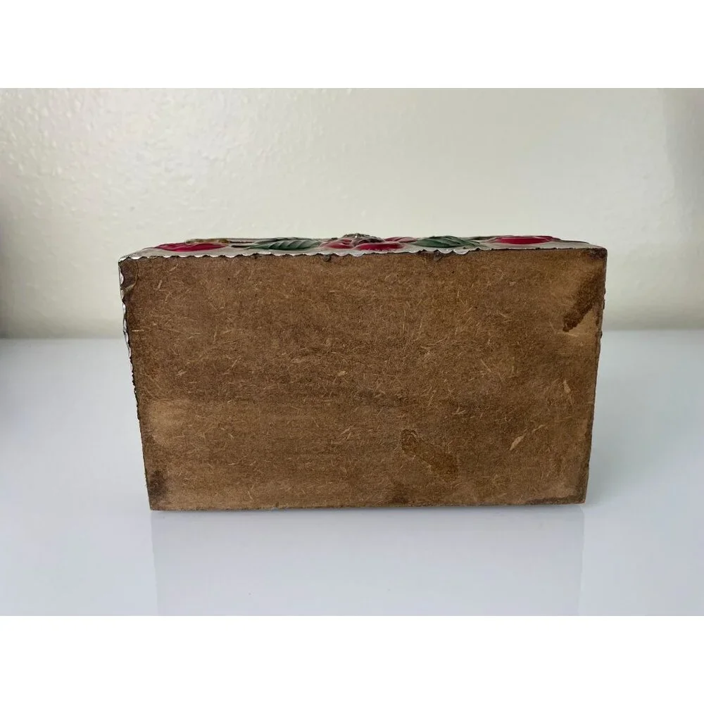 Vintage Pressed Tin Wooden Latched Trinket Chest Box, Floral Metallic Colorful